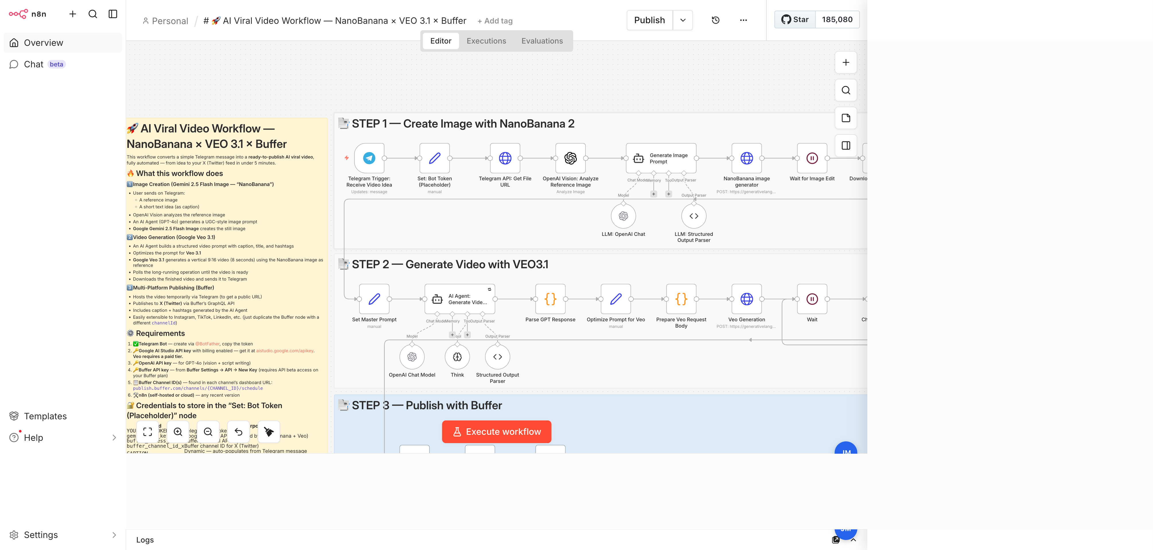 n8n canvas for the AI Viral Video workflow: three sticky-note bands labelled Create Image with NanoBanana, Generate Video with VEO 3.1, and Publish with Buffer, plus a long orange documentation sticky on the left.