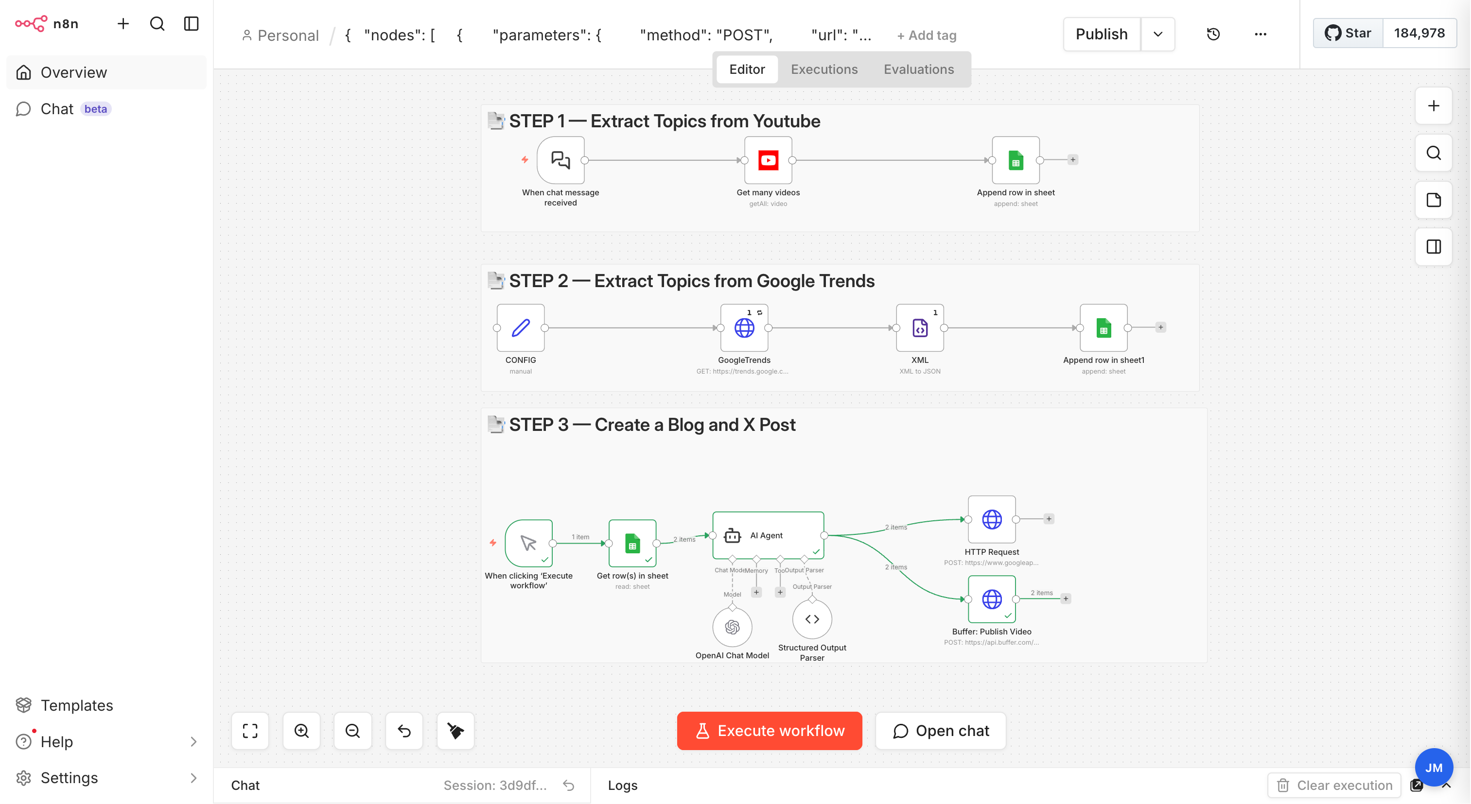 n8n canvas showing the three flows: YouTube topic extraction, Google Trends capture, and AI-drafted blog + X post publishing.